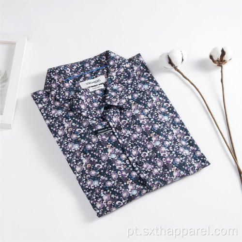 Camisa casual de manga comprida estampada floral masculina confortável